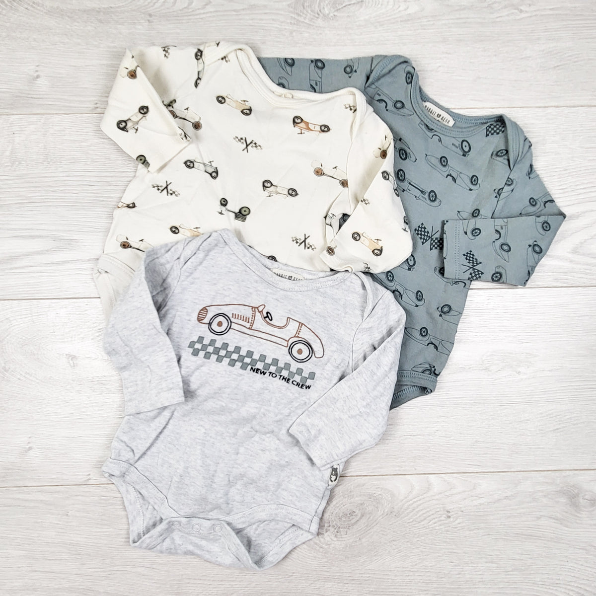 Rabbit + Bear 3pc bodysuit set with cars - Size 6 to 9 months