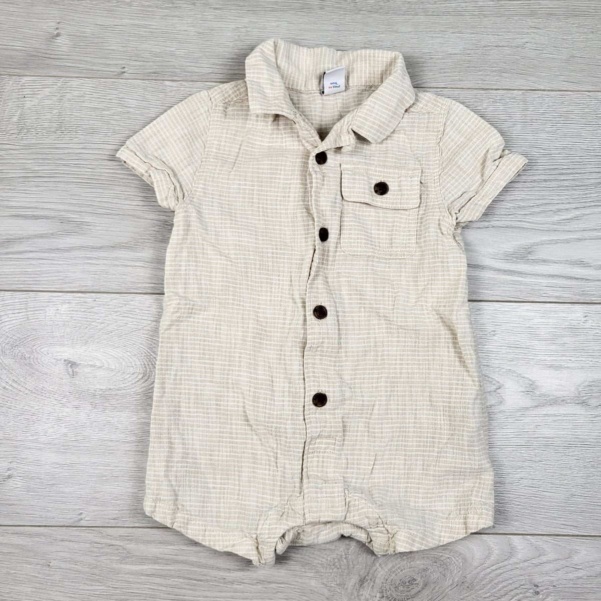 Old Navy beige striped button down romper - Size 12 to 18 months