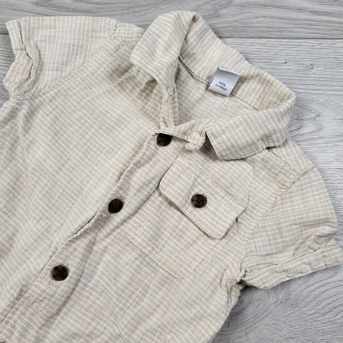 Old Navy beige striped button down romper - Size 12 to 18 months