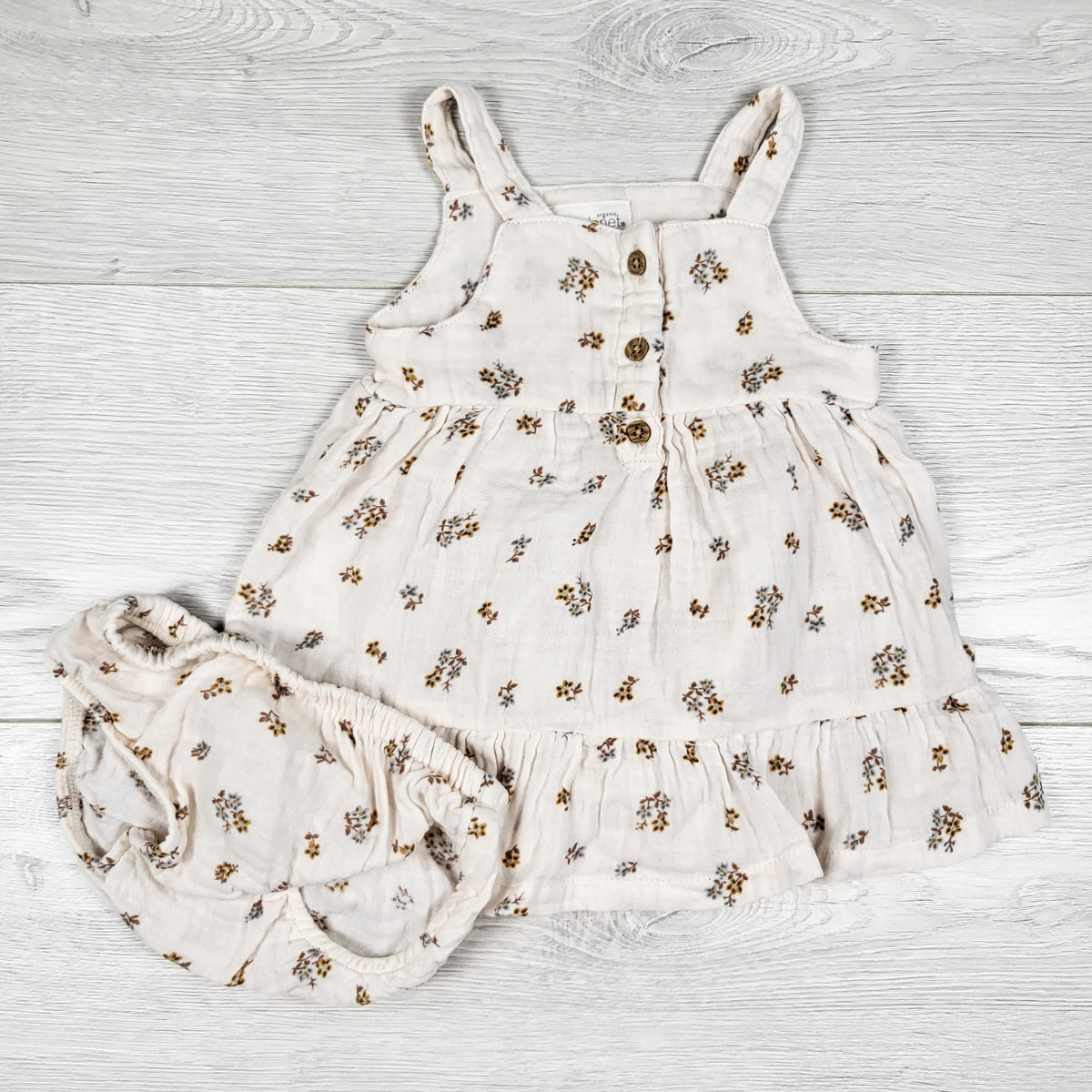 Little Planet beige muslin print floral print dress + diaper cover - Size 3 months