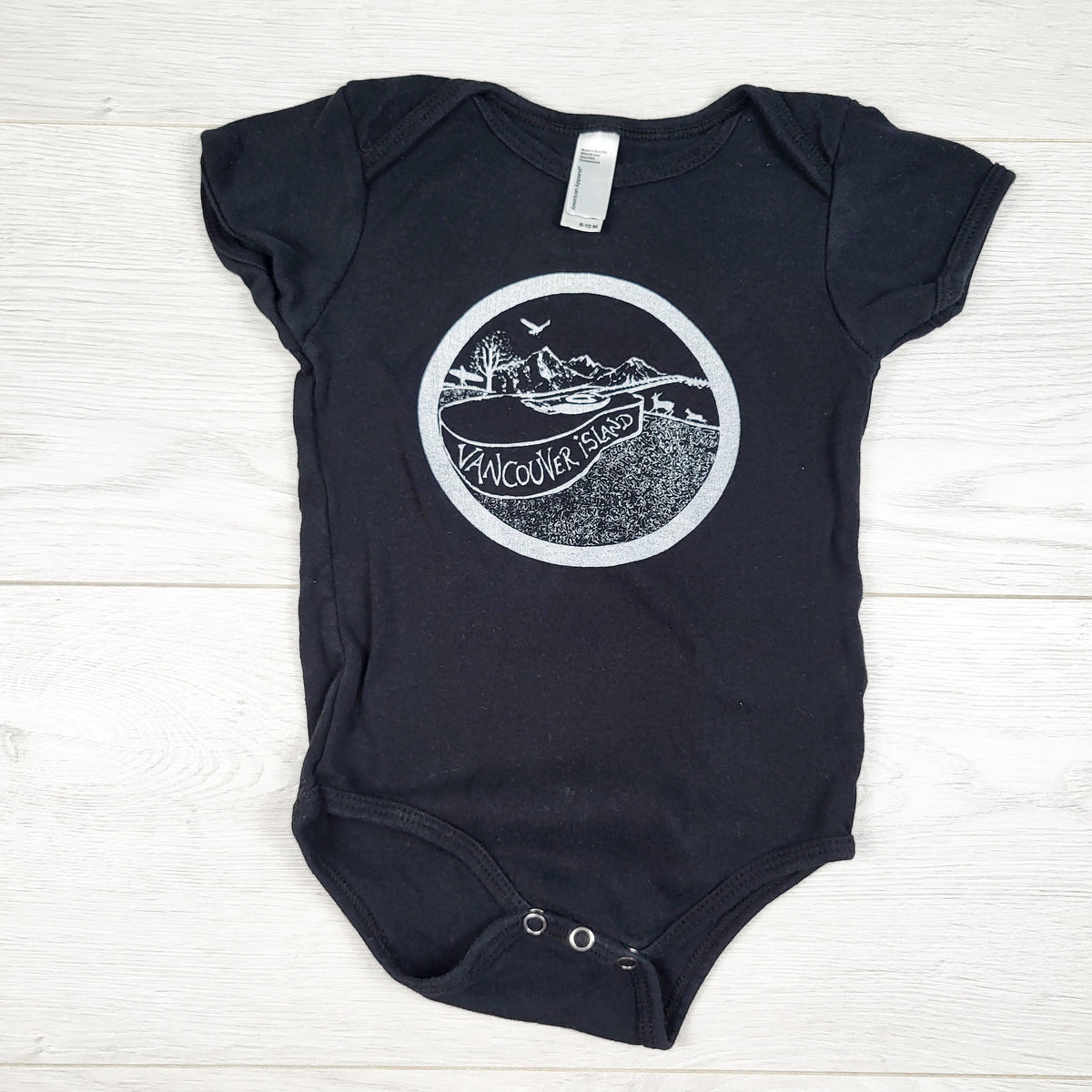Black handmade Vancouver Island bodysuit - Size 6 to 12 months