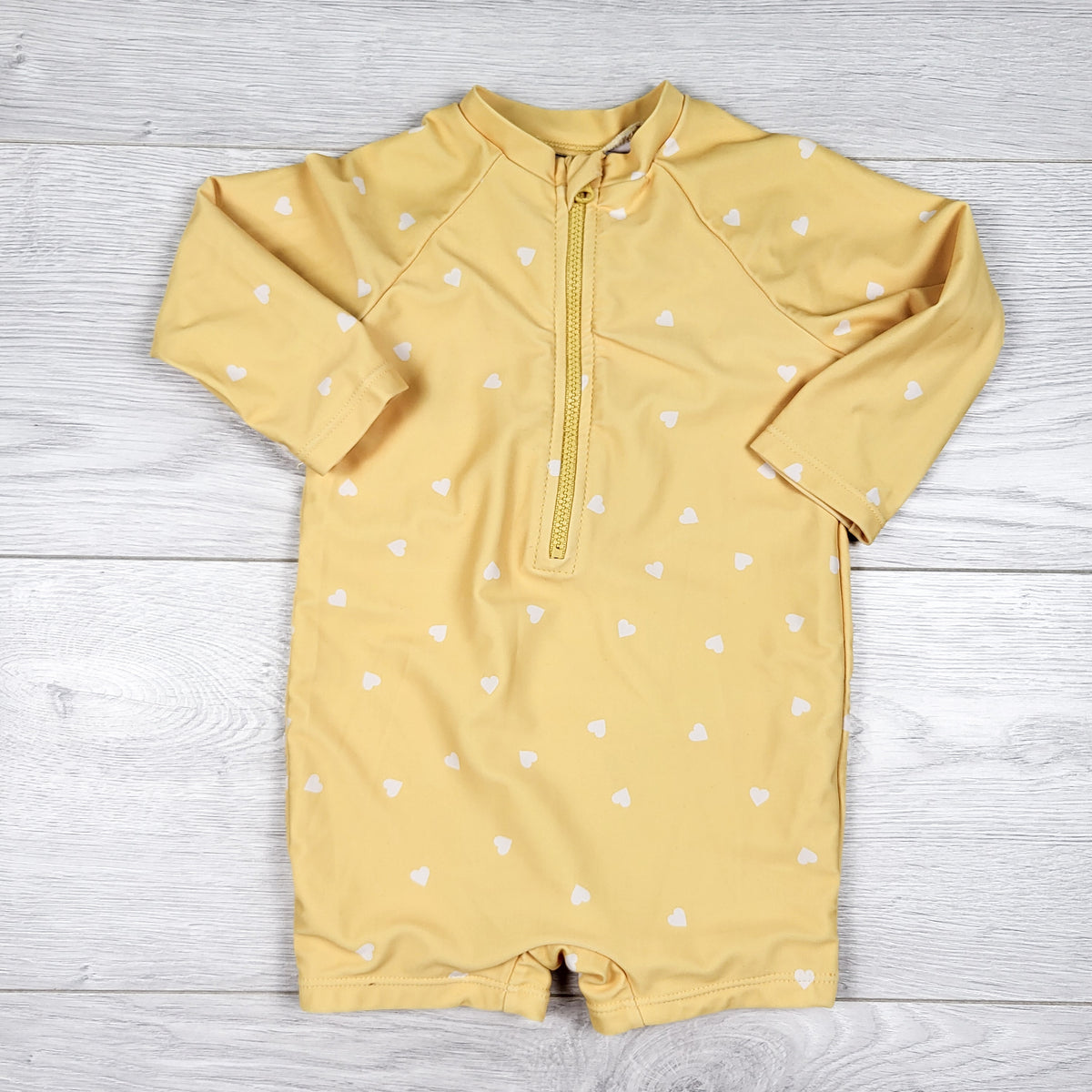 Rise Little Earthling yellow heart print one piece rash guard / swimsuit - Size 6 to 12 months