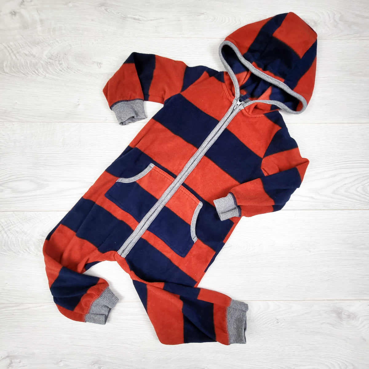Carters navy and orange striped zippered hooded fleece romper - Size 24 months