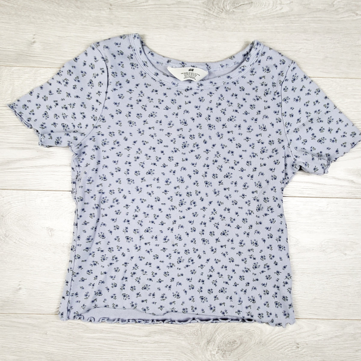 H and M blue ribbed floral print t-shirt - Size 10 to 12 Years