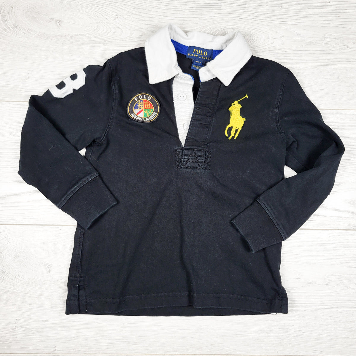 Polo Ralph Lauren Black Big Pony Long-Sleeve Crest Rugby Shirt - Size 3T