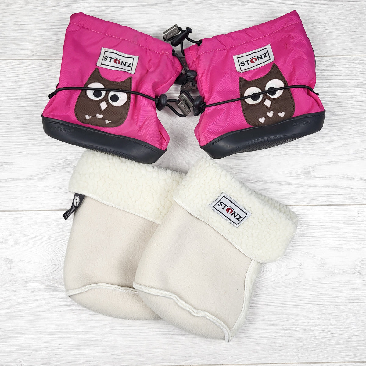 Stonz pink waterproof owl booties with fleece inserts - Size medium (6 to 18 months)