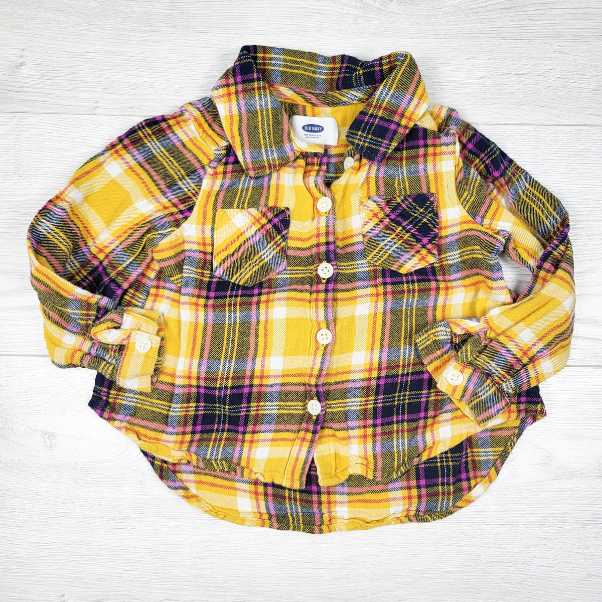 Old Navy yellow and pink plaid button down flannel shirt - Size 2T