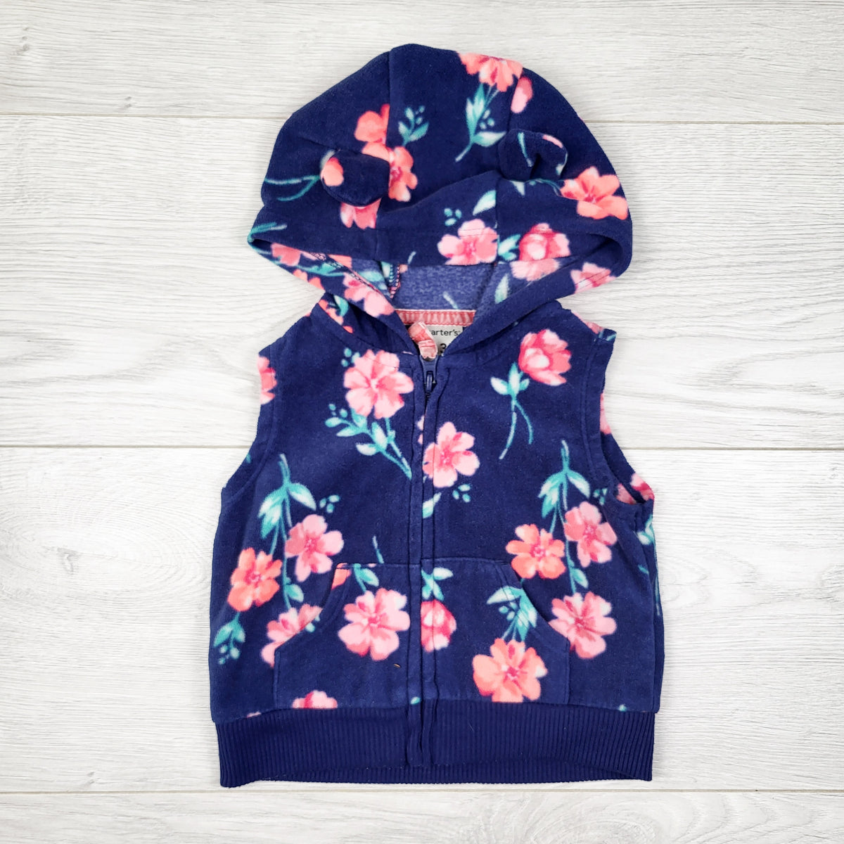 Carters navy floral print hooded fleece vest - Size 3 months