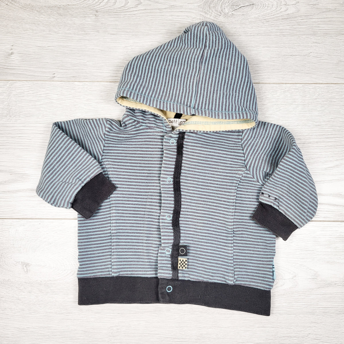 Petit Lem blue and grey striped cotton hoodie- Size 6 months