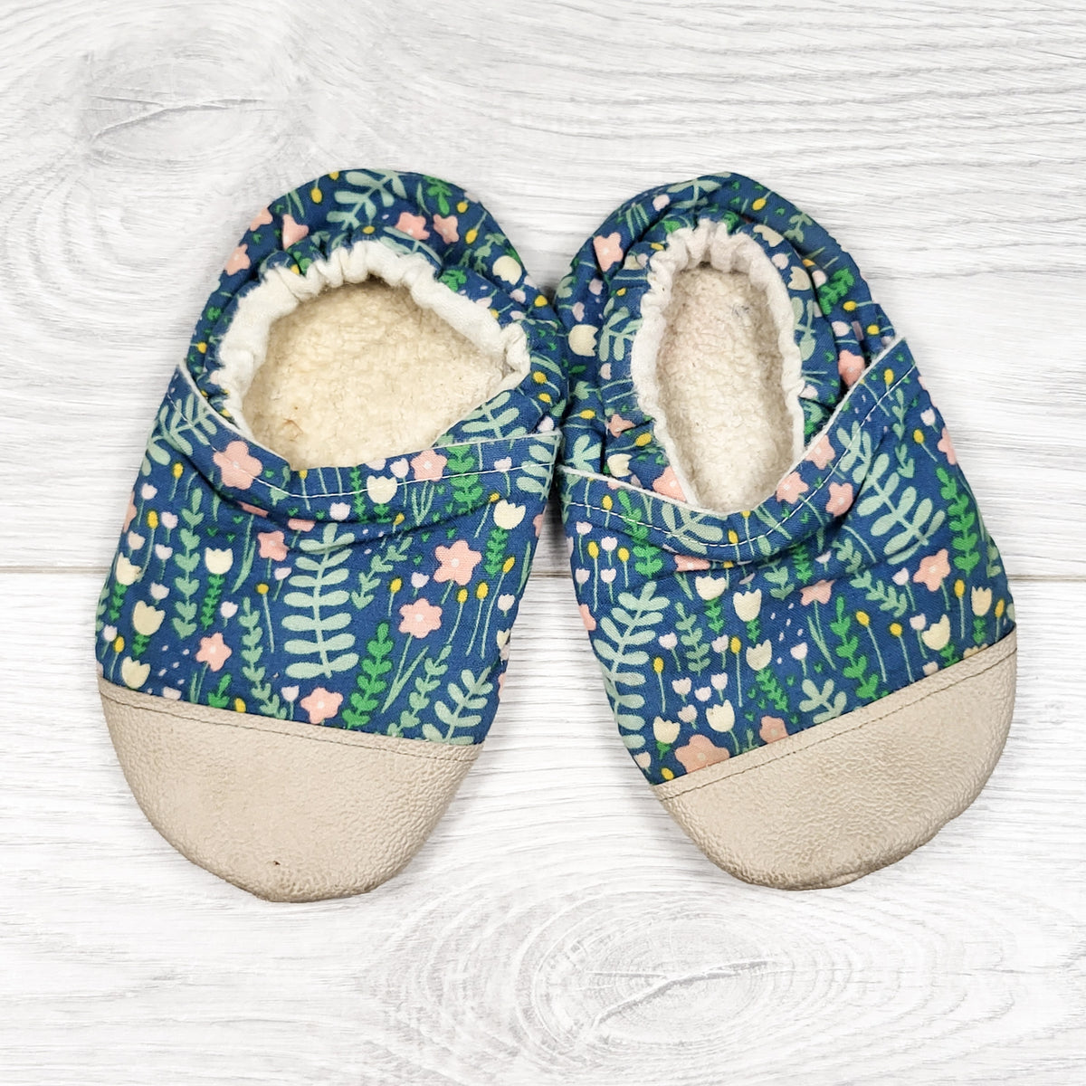 Handmade floral print slippers - Approx 12 to 18 months (size 5)