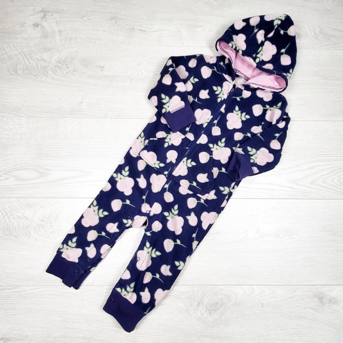 HB navy floral print hooded fleece romper - Size 9 to 12 months