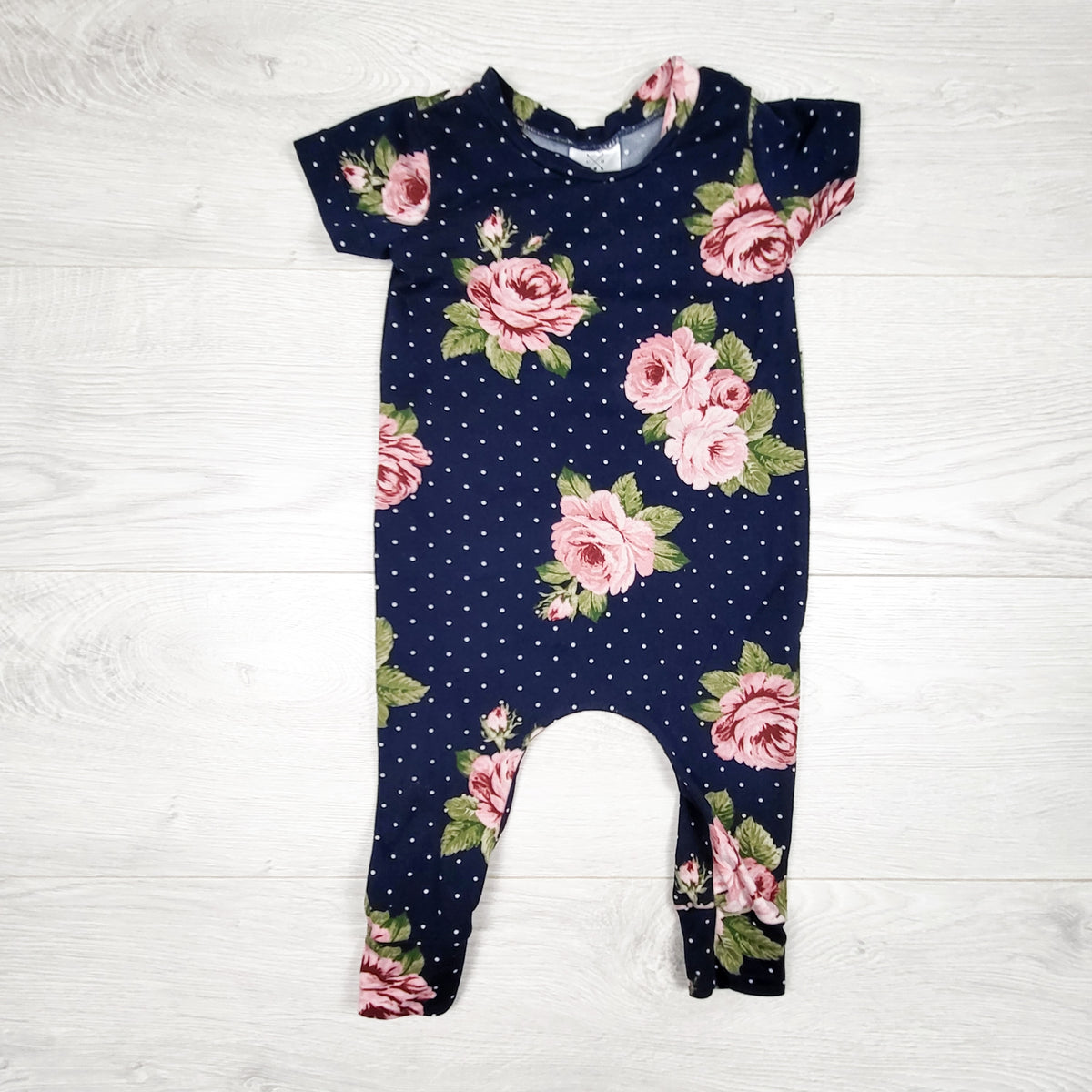 Urban Baby Apparel navy polka dot handmade romper with flowers - Size 3 to 6 months