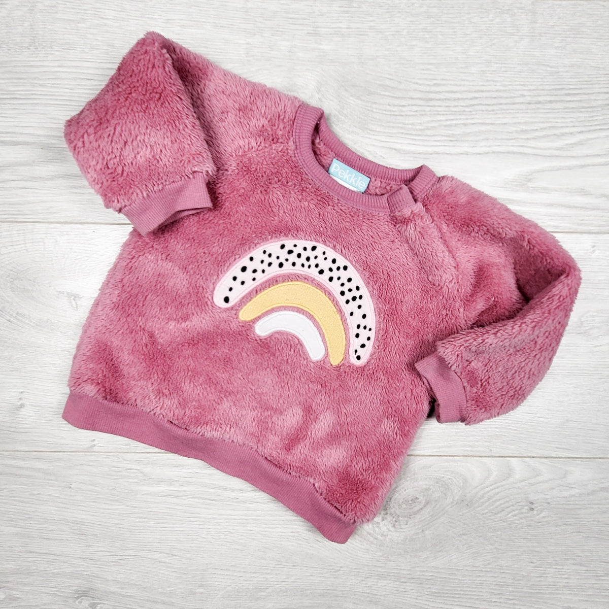 Pekkle pink faux fur sweatshirt with rainbow - Size 9 months