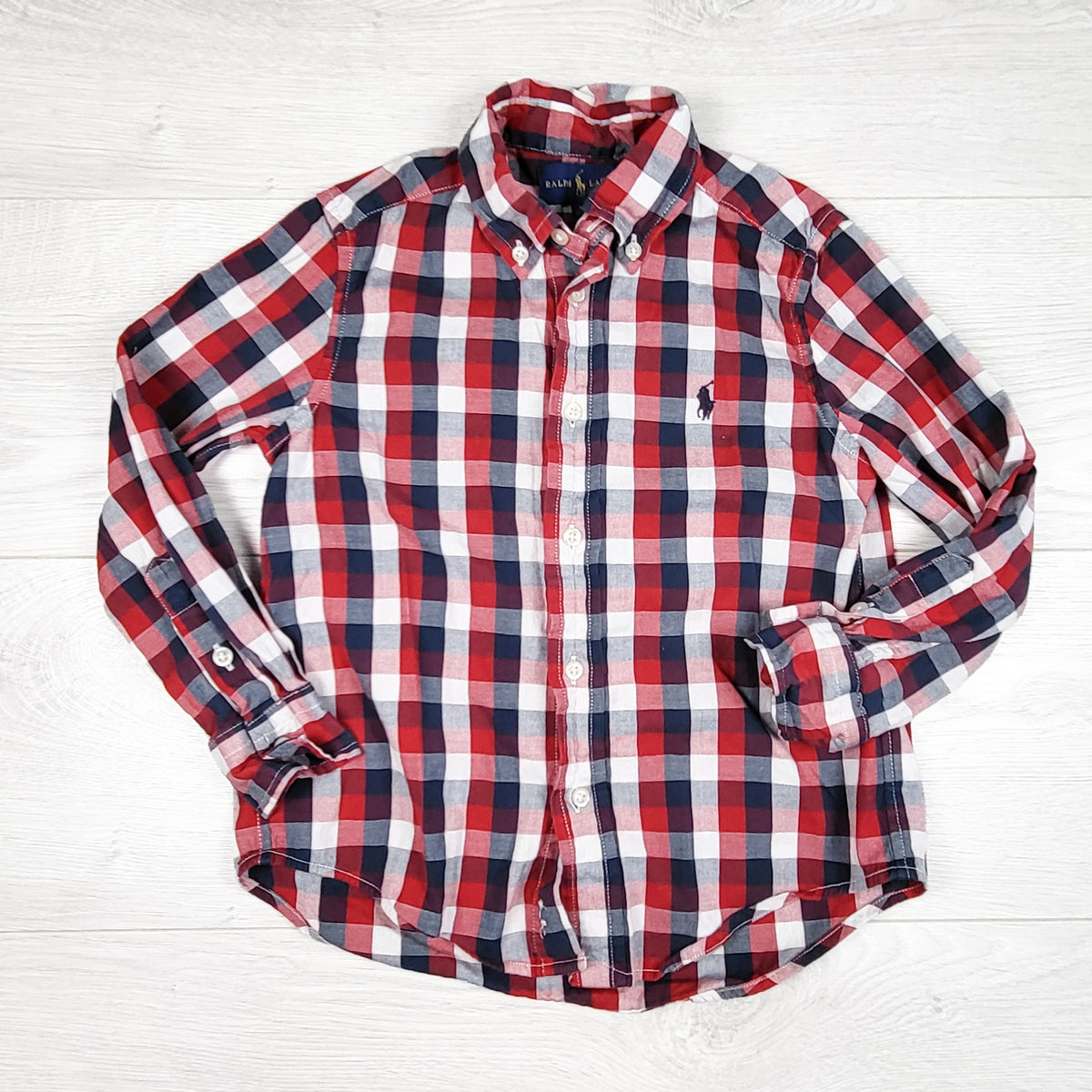 Ralph Lauren red and navy plaid button down shirt- Size 4T