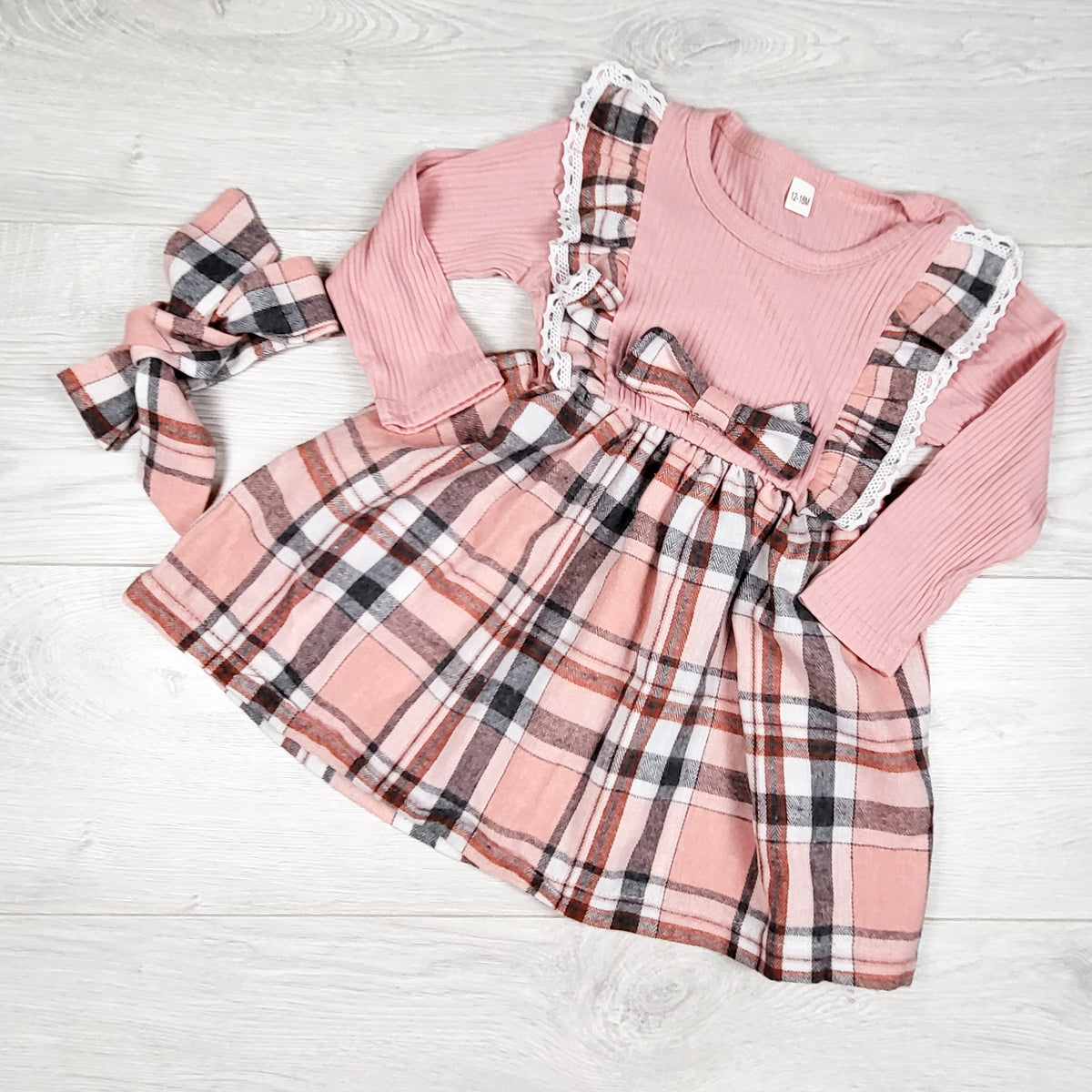 Pink and grey plaid dress with matching headband - Size 12 to 18 months