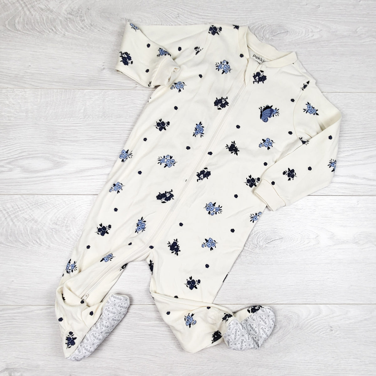 Pekkle white and blue floral print zippered cotton sleeper - Size 12 months