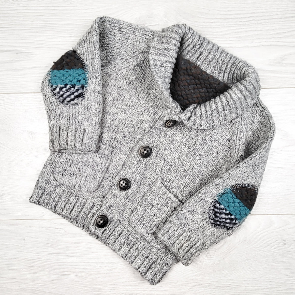 Blukids grey chunky knit cardigan sweater with elbow patches - Size 74 (6 to 12 months)