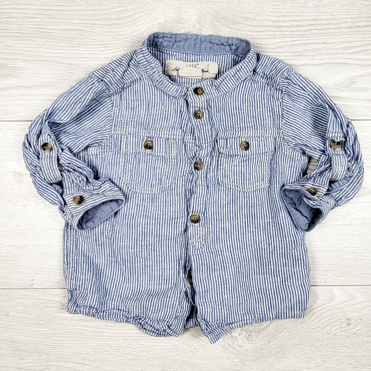 L.O.G.G. blue striped collarless button down shirt - Size 6 to 9 months