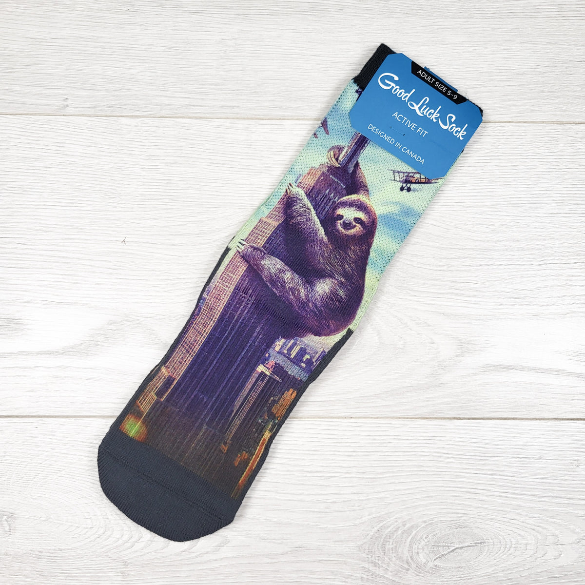 NEW - Good Luck Sock Active Fit "Slothzilla" Crew Socks - Adult size 5 to 9 shoe size