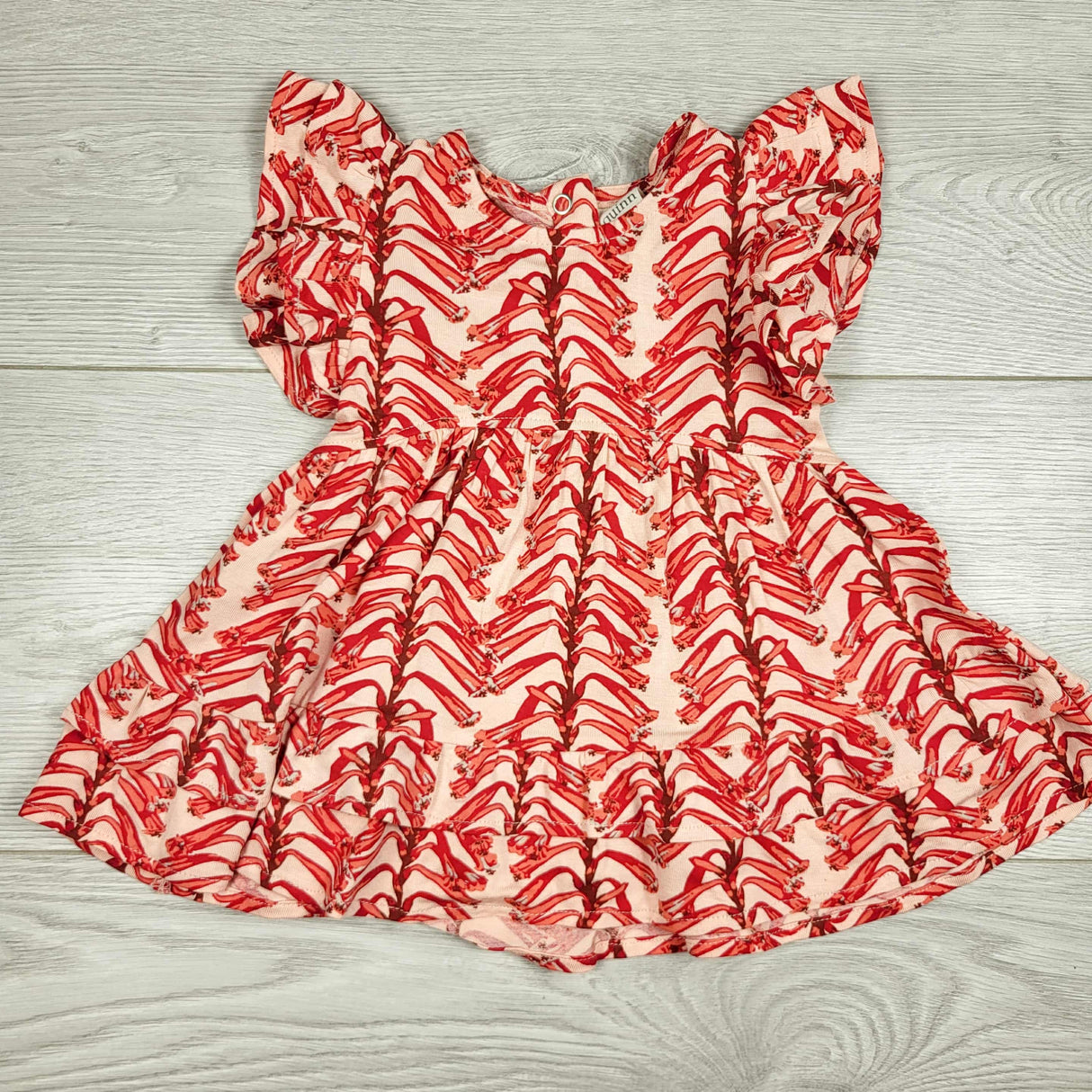 CCAM1 - Kate Quinn pink and red patterned bamboo dress. Size 3-6 months