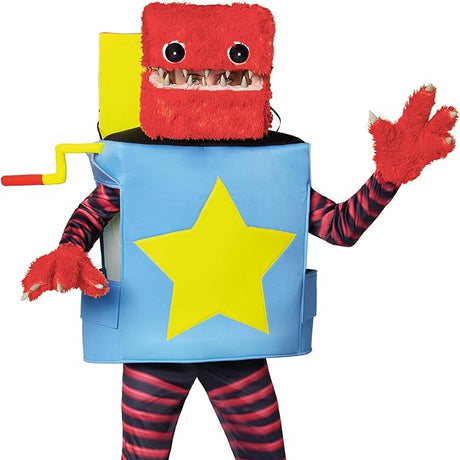 Child's costume with a red top, blue body with a yellow star, and striped pants on a white background