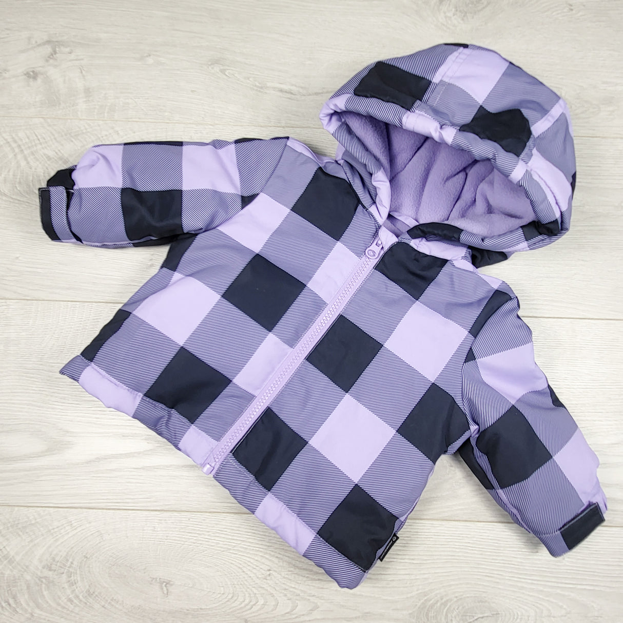 Joe Fresh purple buffalo plaid fleece lined jacket. Size 3-6 months
