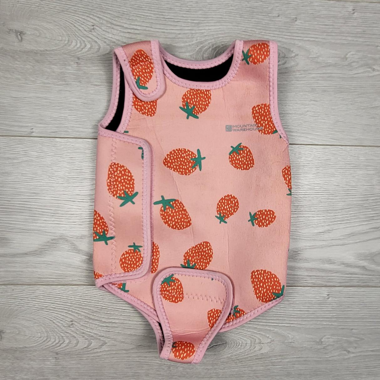 Mountain Warehouse pink strawberry print neoprene suit. Size 9-12 months - NOT STAINED
